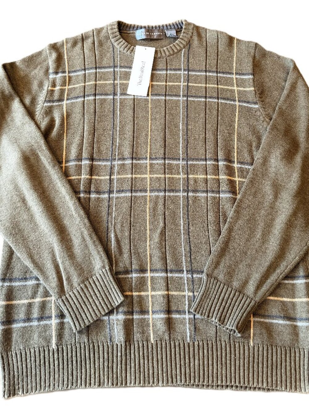 Oscar de la Renta Men’s Green Plaid Crewneck Sweater Cotton Blend Size XL
